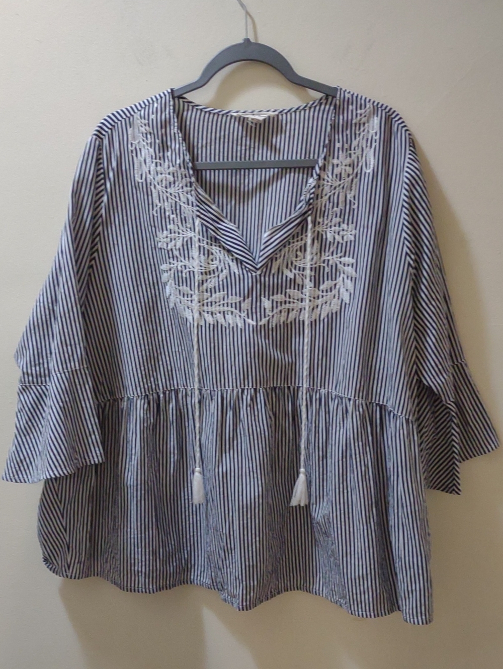 Ulla Popken Striped V-Neck Embroidered Peasant Blouse